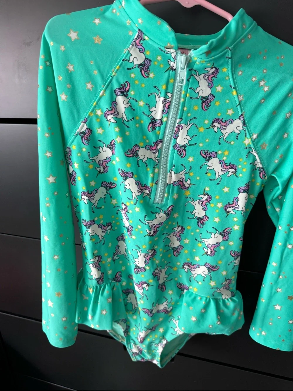 Kids' Teal Unicorn Long-Sleeve Rash Guard Swimsuit